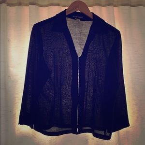 WHBM sheer black fitted blouse with front clasps